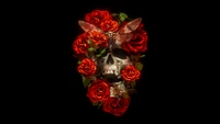 Skull Adorned with Red Roses and Insects Against a Black Background