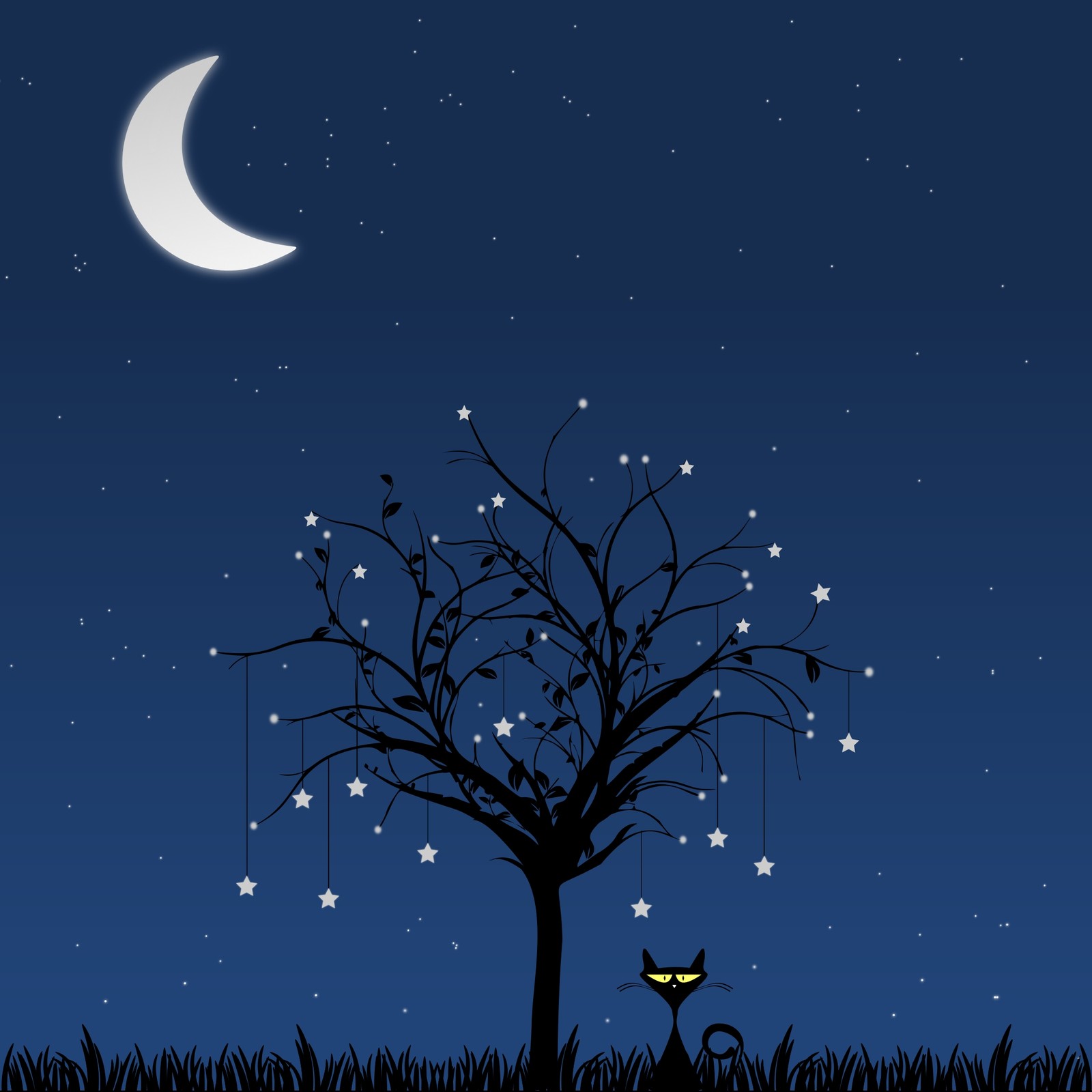 Scène nocturne avec un arbre et un chat sous la lune (nuit, bleu, arbre, paysage naturel, lune)