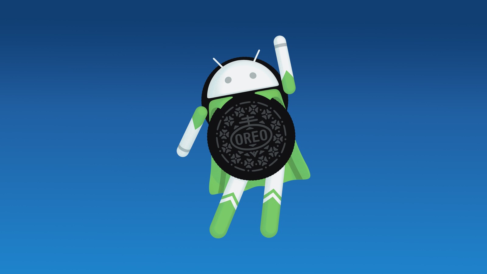 Um personagem android oreo voando pelo ar com um biscoito nas costas (android oreo, android, desenho animado, ilustração, animação)