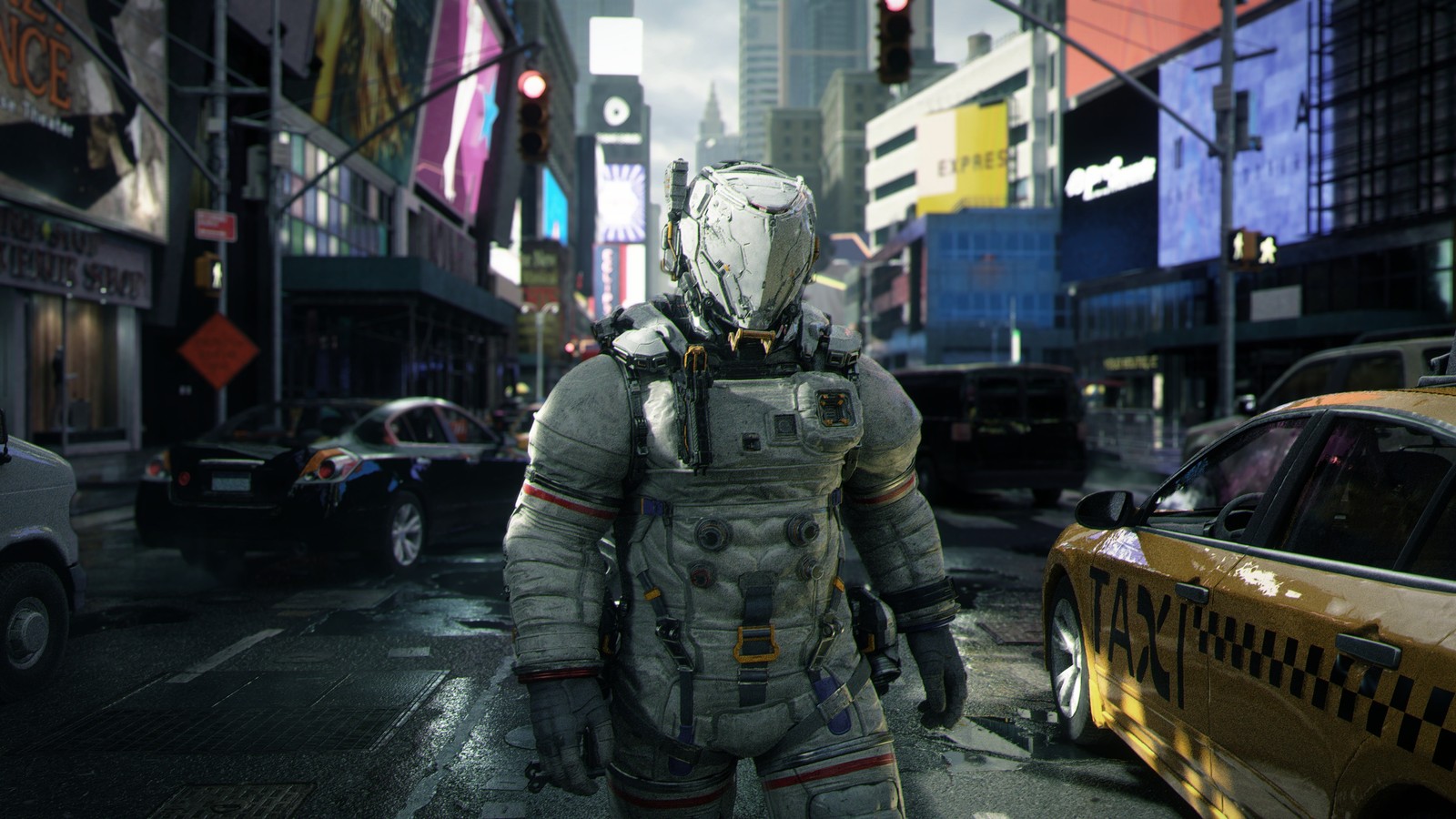 Arafed astronaut walking down a city street in a space suit (pragmata, sci fi, video game)