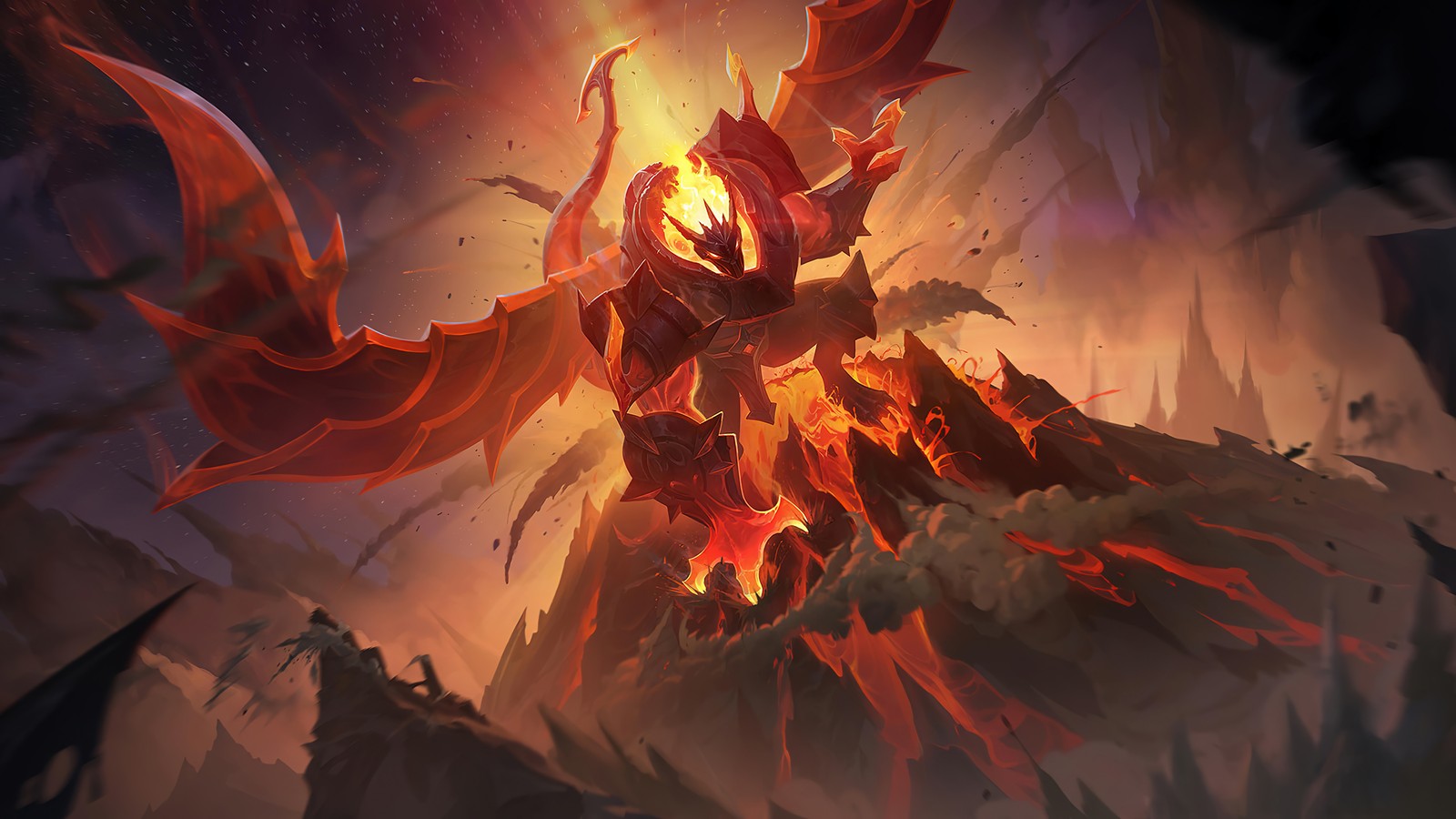 A painting of a demonic demon with a fire on his head (galio, infernal, v2, legends of runeterra, lor)