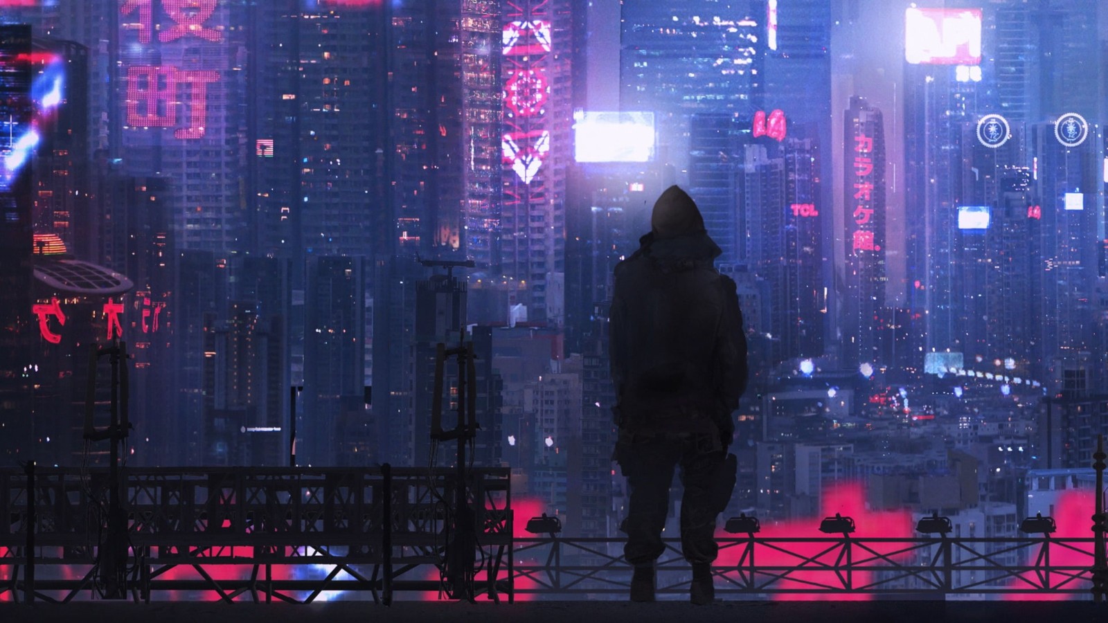 Un homme se tenant sur un rebord regardant une ville la nuit. (cyberpunk, cyberpunk 2077, cyberpunk 2020, magenta, violet)