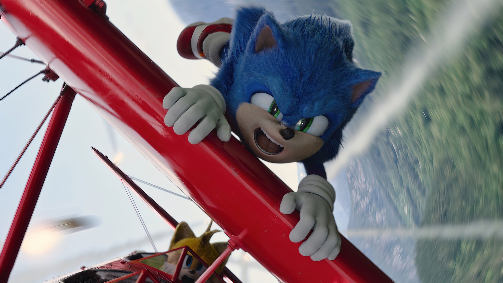 Sonic the hedge is climbing on a red plane (sonic the hedgehog 2, movie, 2022, sonic)