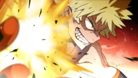 Katsuki Bakugo libère une puissante explosion, montrant sa détermination féroce et son quirk explosif dans une scène d'anime dynamique.