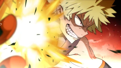 Katsuki Bakugo libera uma poderosa explosão, mostrando sua feroz determinação e seu quirk explosivo em uma cena dinâmica de anime.