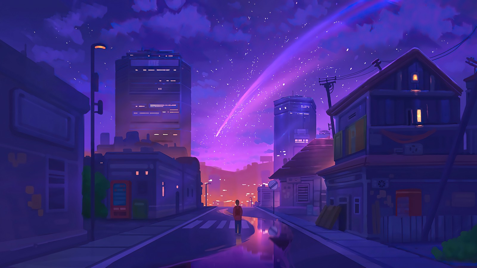 Rue d'anime avec un arc-en-ciel dans le ciel (art numérique, ville, étoiles, étoilé, nuit)