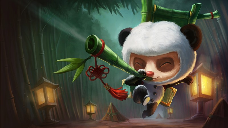 Um panda com um bastão de bambu e uma lanterna na mão em uma floresta (panda, teemo, pele, arte visual, lol)