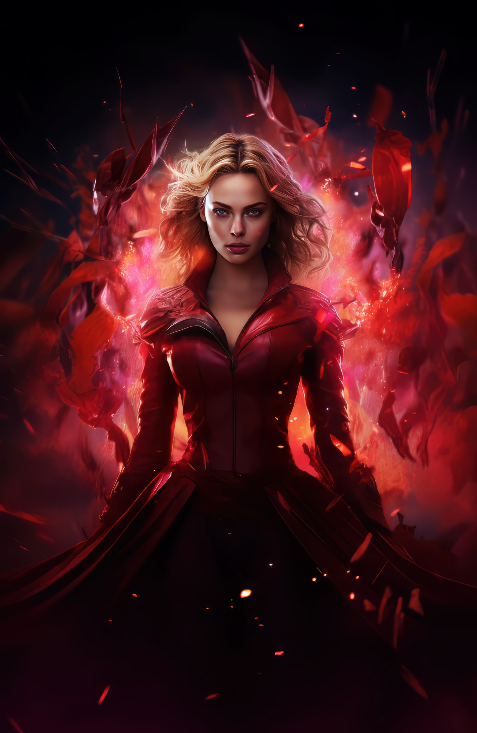 Eine frau in einem roten kleid steht vor einem feuer (scarlet witch, digitale kunst, 5k, midjourney, ki kunst)