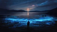 Paisaje nocturno encantador: Una media luna ilumina las aguas serenas