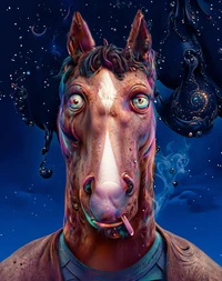 Retrato surrealista em 3D de um cavalo humanoide em um cenário cósmico