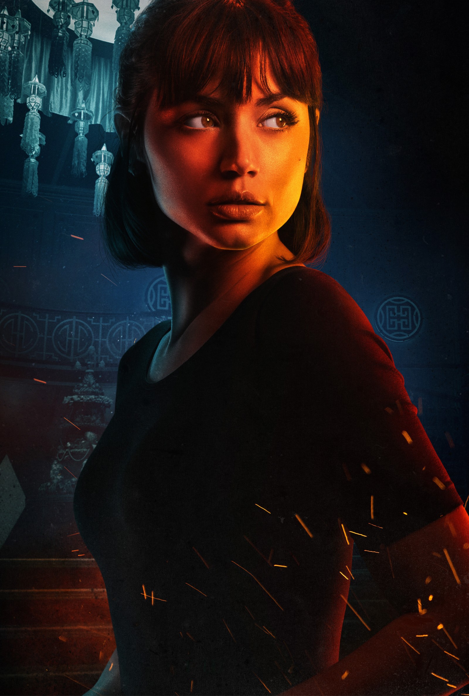 Arafed woman in a black shirt standing in front of a castle (the gray man, ana de armas, 2022 movies, dani miranda, 5k)