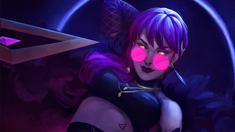 Женщина с фиолетовыми волосами и розовыми глазами держит меч (evelynn, kda, lol, league of legends, видеоигра)