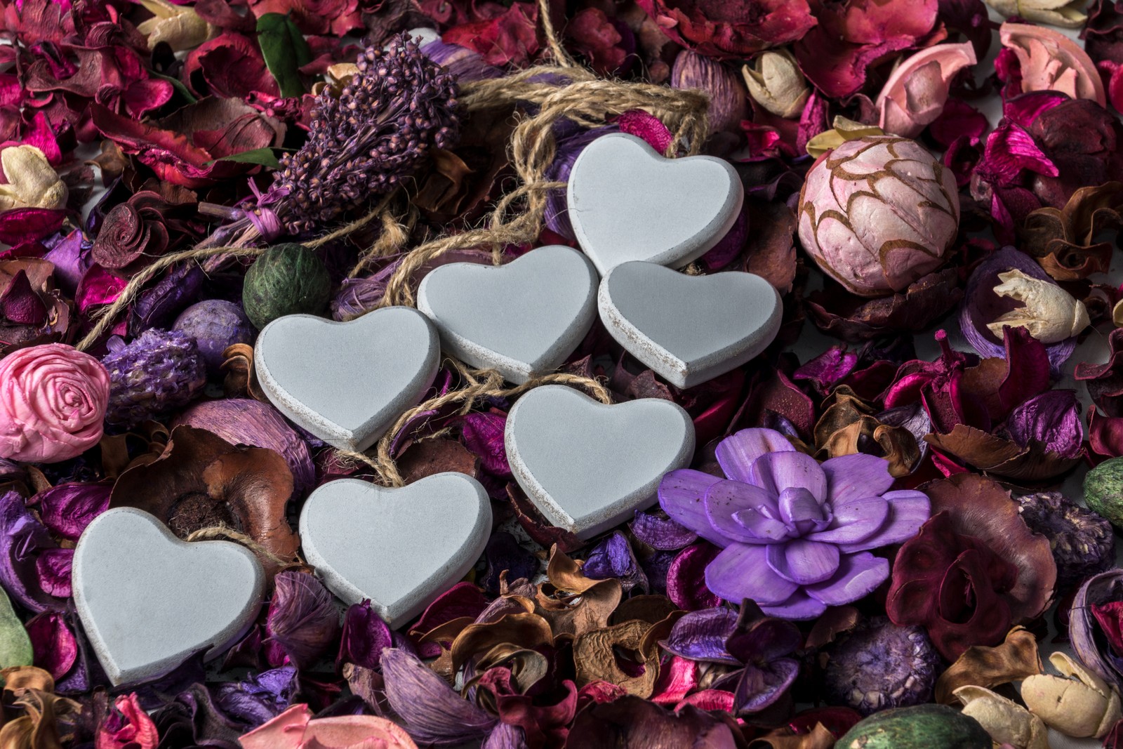 Plusieurs savons en forme de cœur sur un lit de fleurs séchées (saint valentin, violet, cœur, pétale, plante)