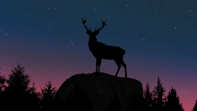 Silhouette d'un cerf sur un promontoire rocheux contre un ciel nocturne étoilé dans un style d'art numérique minimaliste.