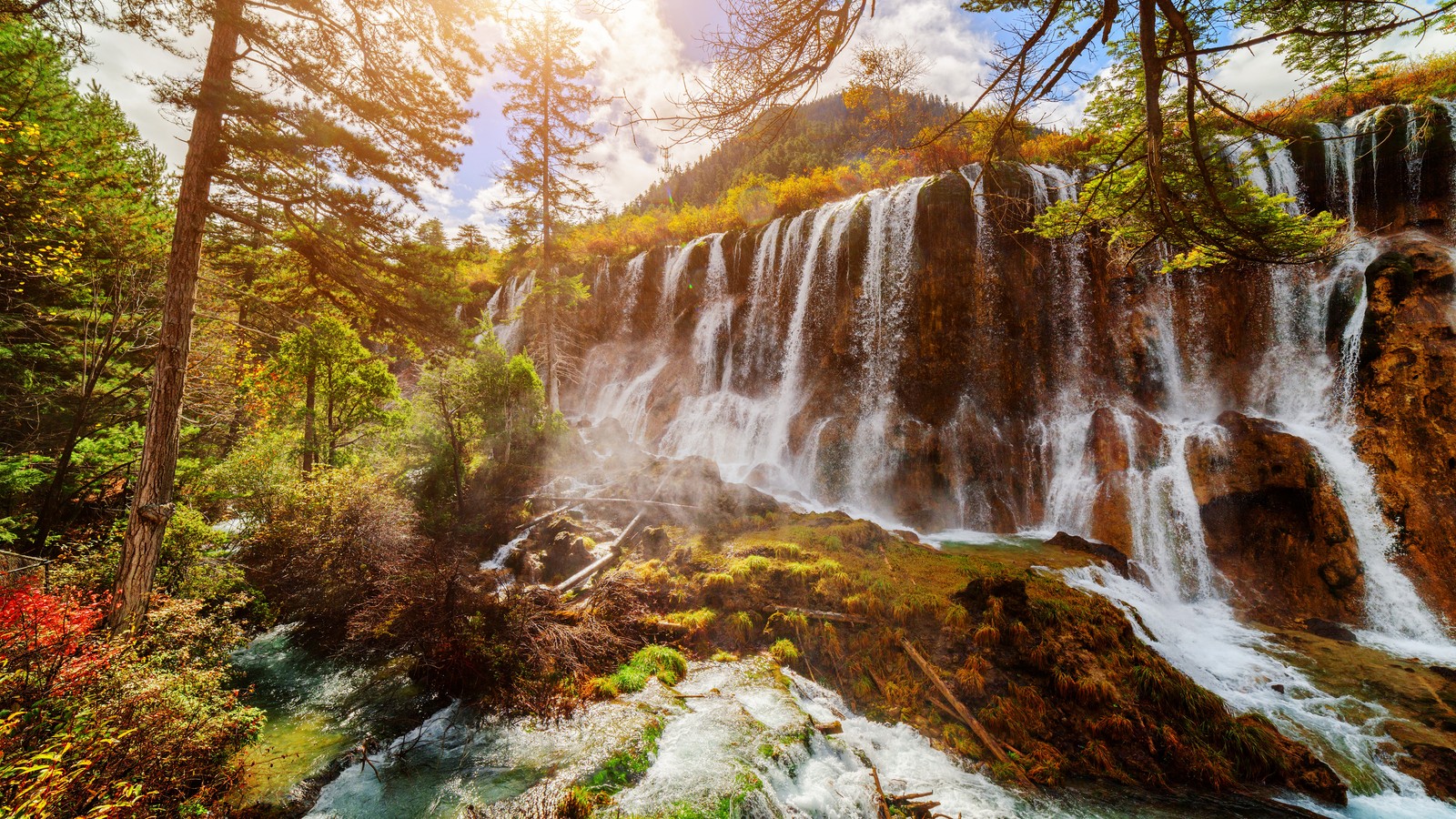 Uma cachoeira na floresta com árvores e água (cachoeira, parque nacional, parque, paisagem natural, corpo de água)