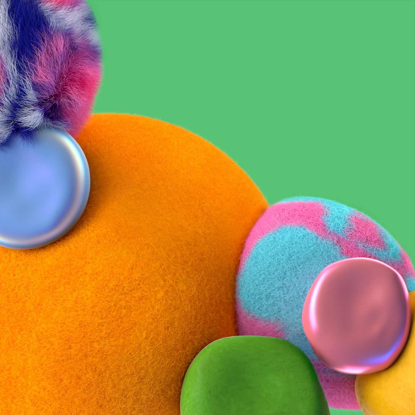 Brightly colored balls and a cat's head on a green background (samsung galaxy, samsung, samsung galaxy a90, android, colorfulness)