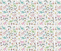 A whimsical pattern featuring colorful dinosaurs, unicorns, rainbows, and playful treats.