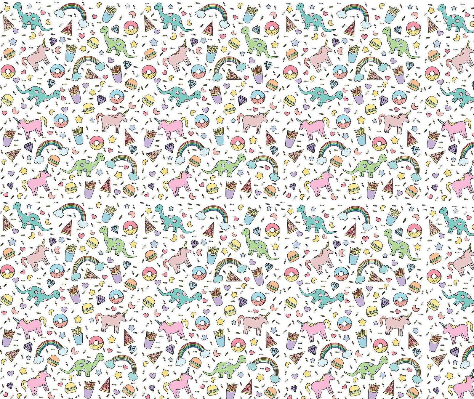 A white background with a lot of different colored animals (dinosaurs, pattern, unicorns)