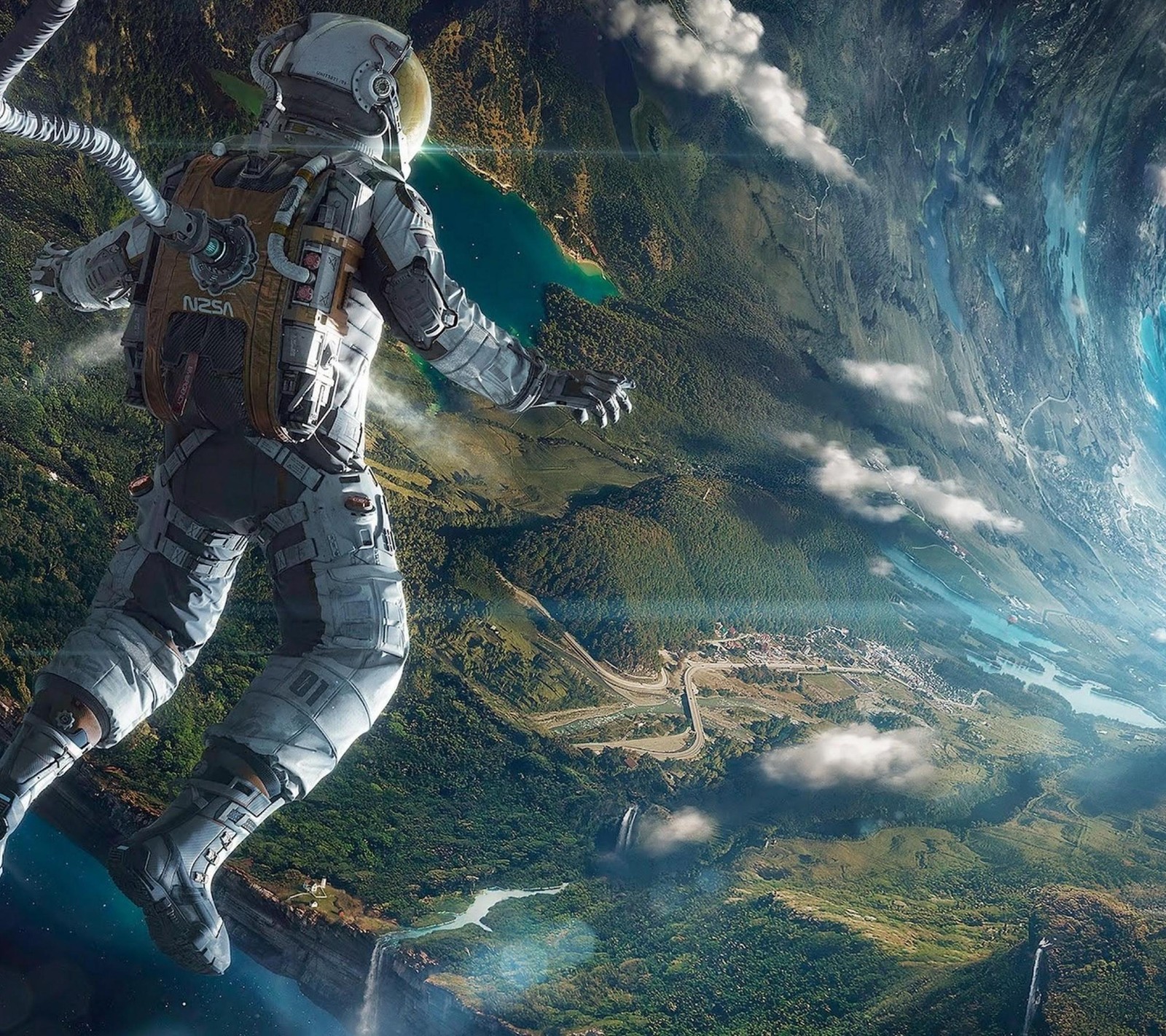 A man in a space suit floating in the air above a mountain (3840x2400, astronaut, earth, space)