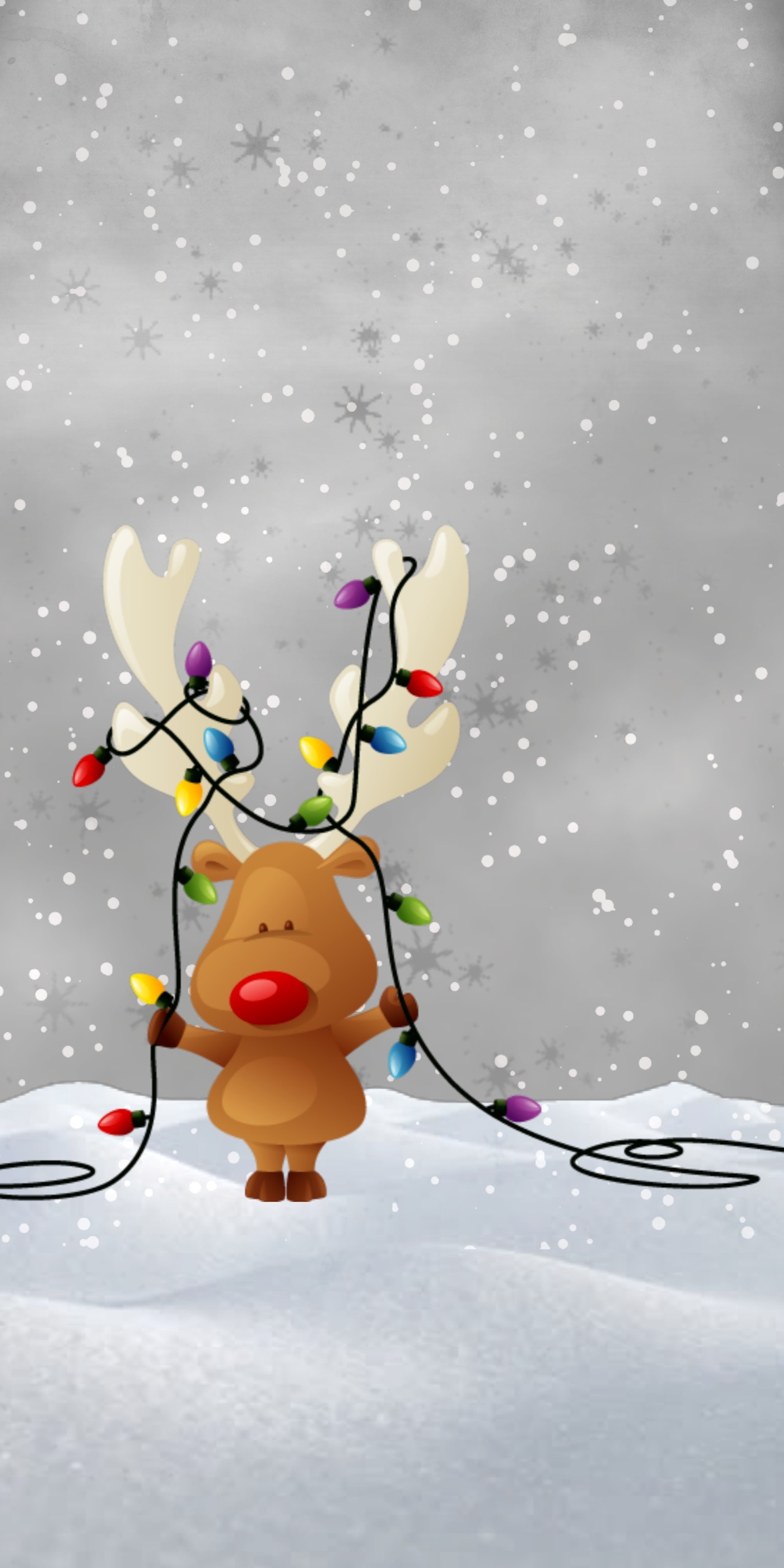 Reindeer with christmas lights on his antlers in the snow (christmas, lights, raindeer, snow)