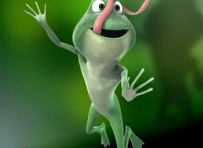 A cheerful frog with a playful expression, jumping with enthusiasm and a long tongue outstretched.