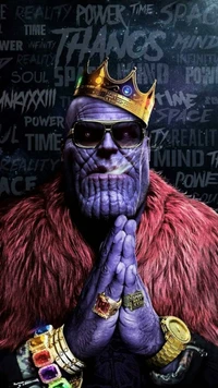 A regal figure with a purple complexion, wearing sunglasses and a crown, adorned in a luxurious fur coat and flashy jewelry, embodies power and ambition.