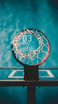 Calendário de março com design de cesta de basquete