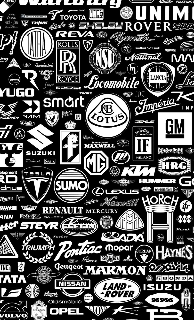 Un gros plan d'une photo en noir et blanc d'un tas de logos (voiture, logo)