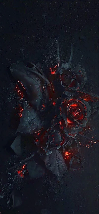 rose, black, roses, fire, orange