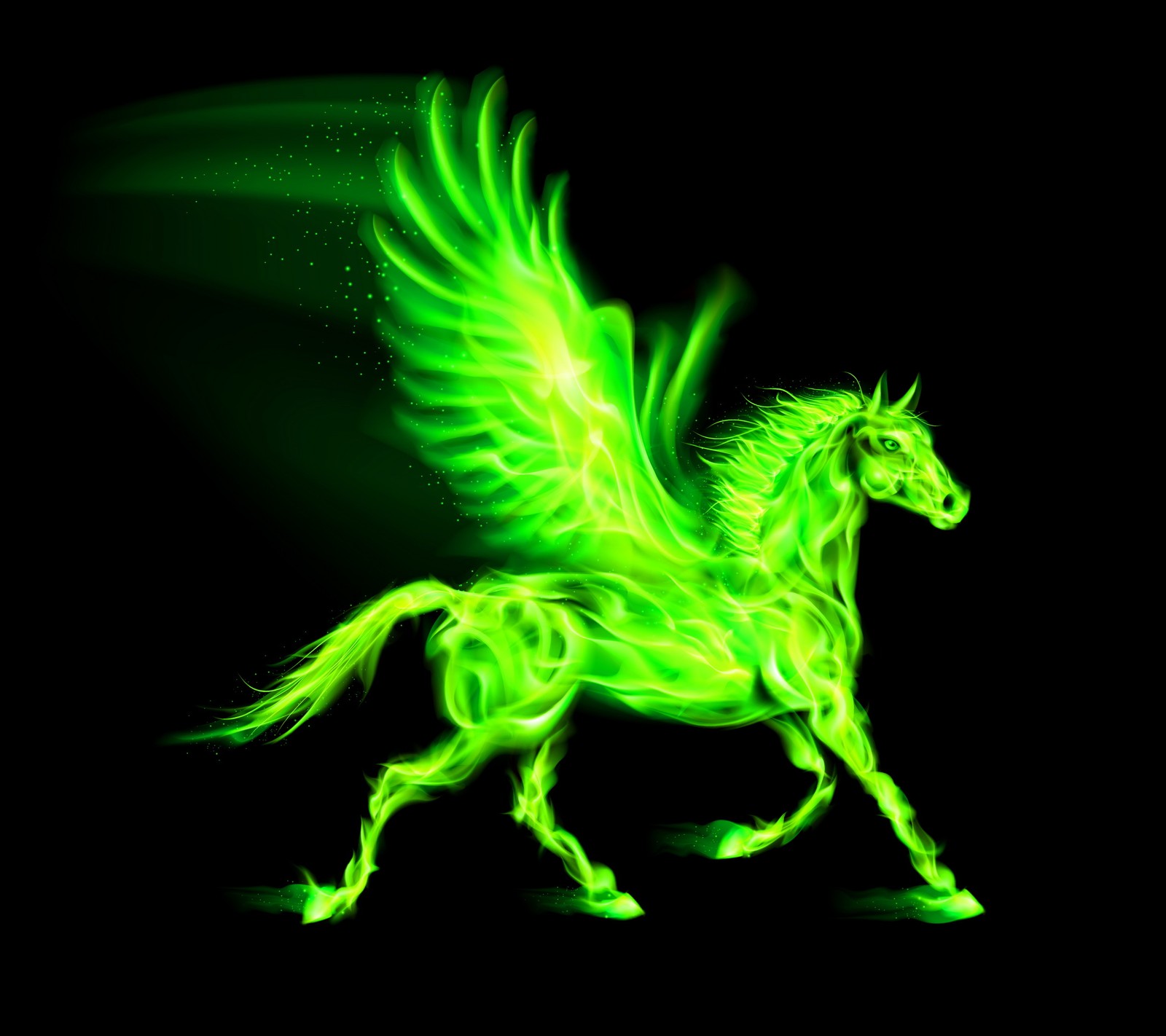 Un primer plano de un caballo con alas verdes sobre un fondo negro (diseño abstracto, green unicorn, fondo de caballo 2014)