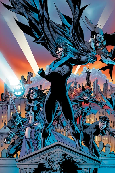 DC Heroes Unite: Batman, Catwoman, Nightwing, and Robin Against the Gotham Skyline