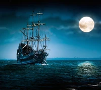 Pirate Ship Sailing Under a Full Moon