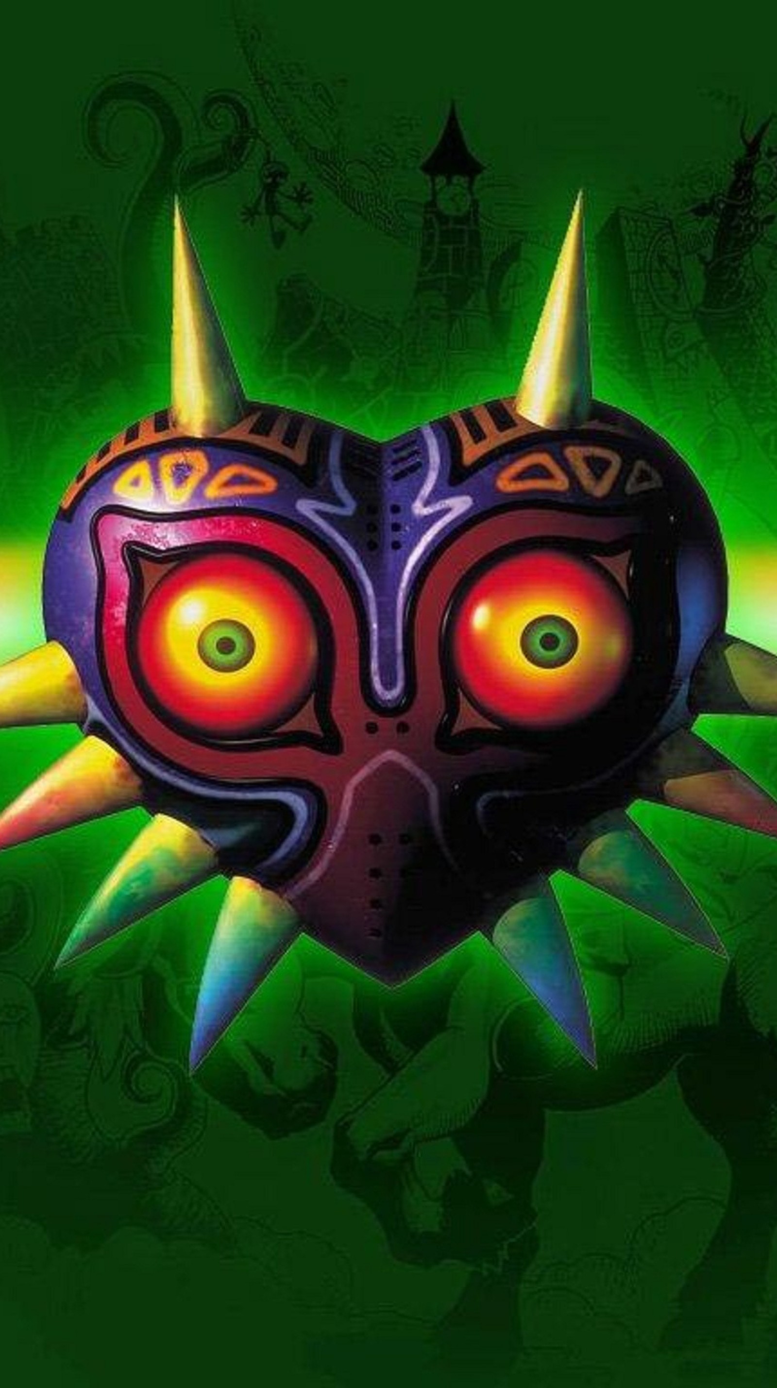 A close up of a mask with spikes on it (link, majoras mask, moon, n64, zelda)