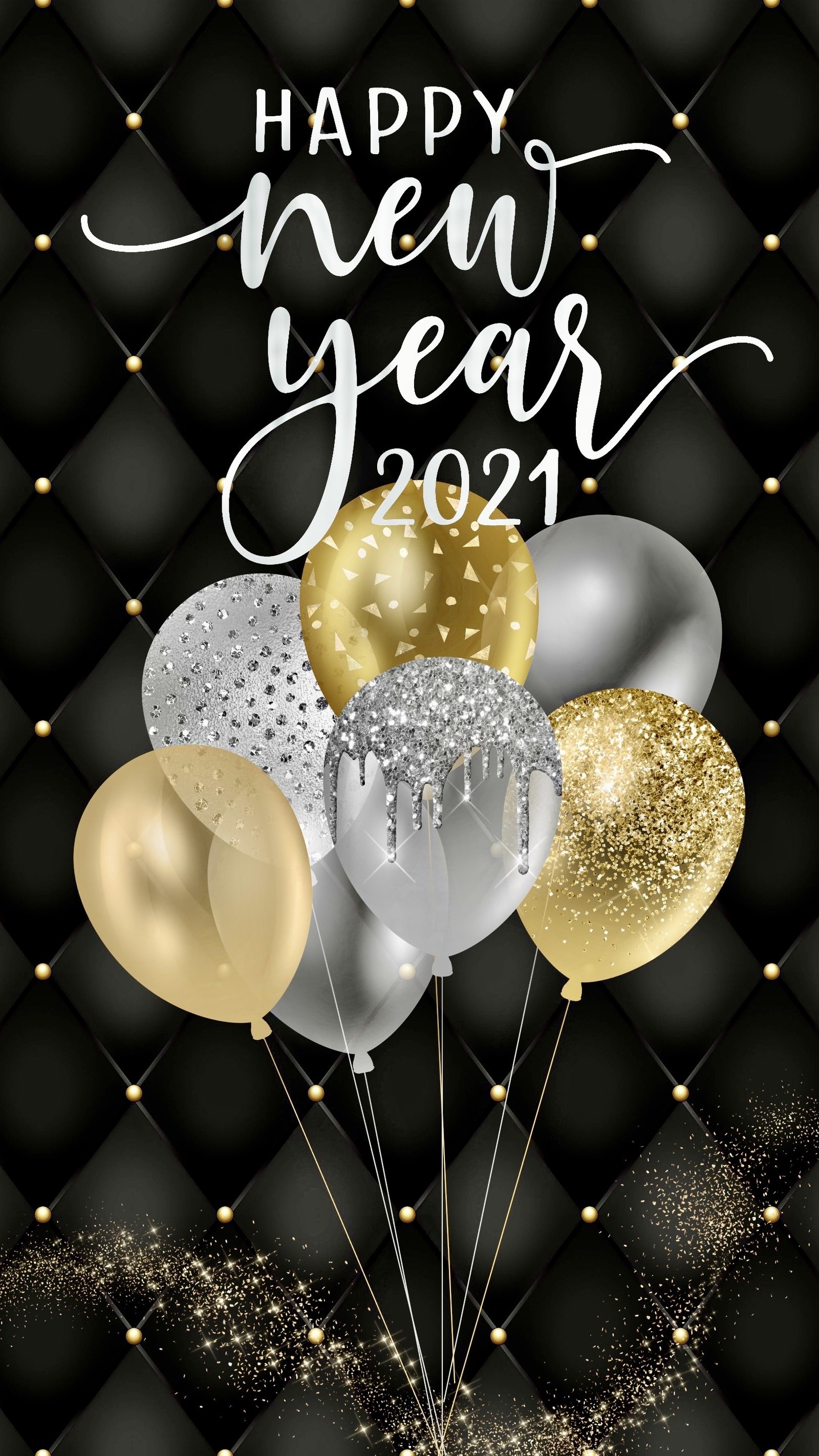 Eine schwarze und goldene neujahrskarte mit ballons und konfetti. (2021, frohes neues jahr 2021, new year celbration, neujahr, new years wallpaper)