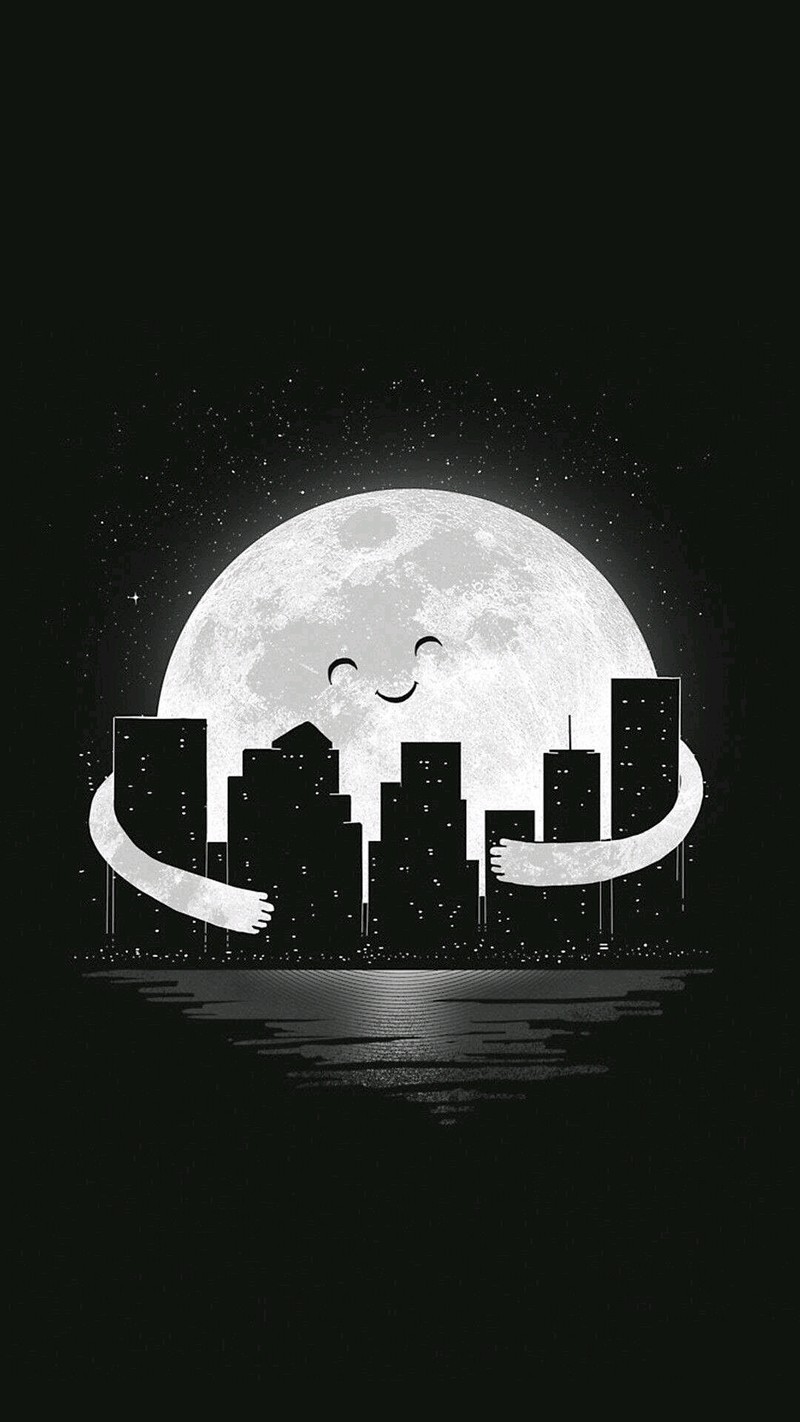 Uma imagem editada de uma cidade com uma lua ao fundo (2017, android, menina, hd, logotipo)