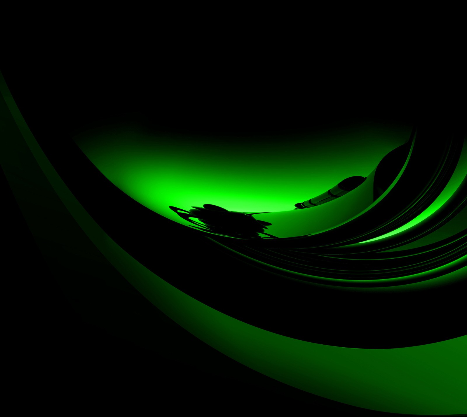 A close up of a green and black background with a curved design (green, wallpaper)