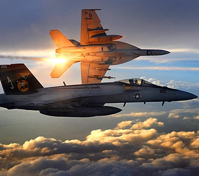 f 18, militar, avião, por do sol