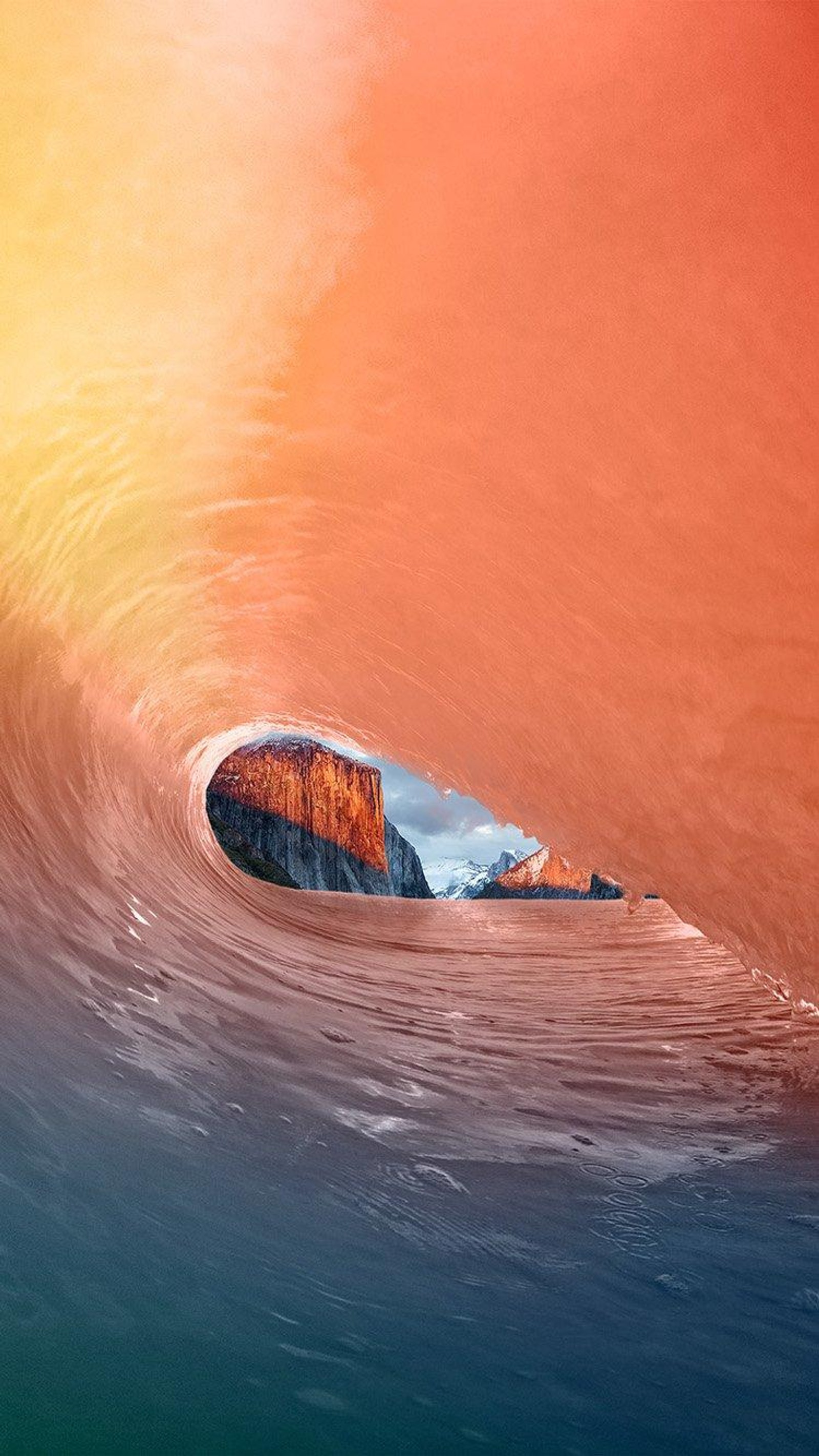 Surfer riding a wave in the ocean with a mountain in the background (rainbow, red, sea, wave)