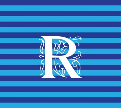 Stylized "R" Initials with Floral Accents on Striped Blue Background