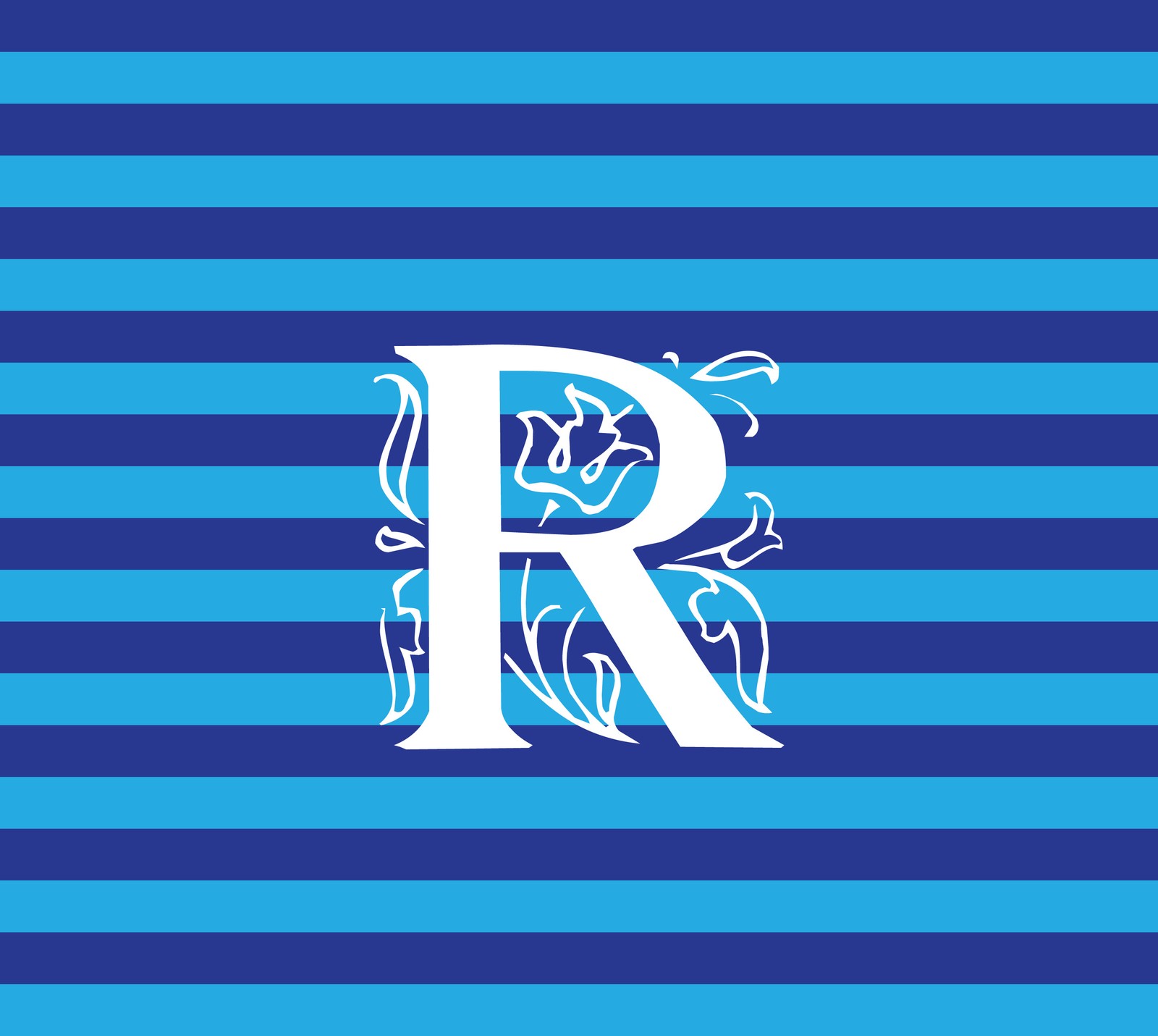 Un fondo a rayas azul y blanco con la letra r (diseño, iniciales, initials, letras, rayas)