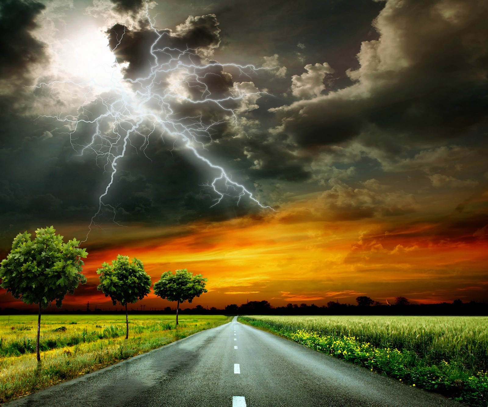 cloud, lightning, rainy, road, sky wallpaper