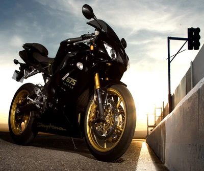 Triumph Daytona 675 Triple: A Stunning Black Motorbike at Sunset