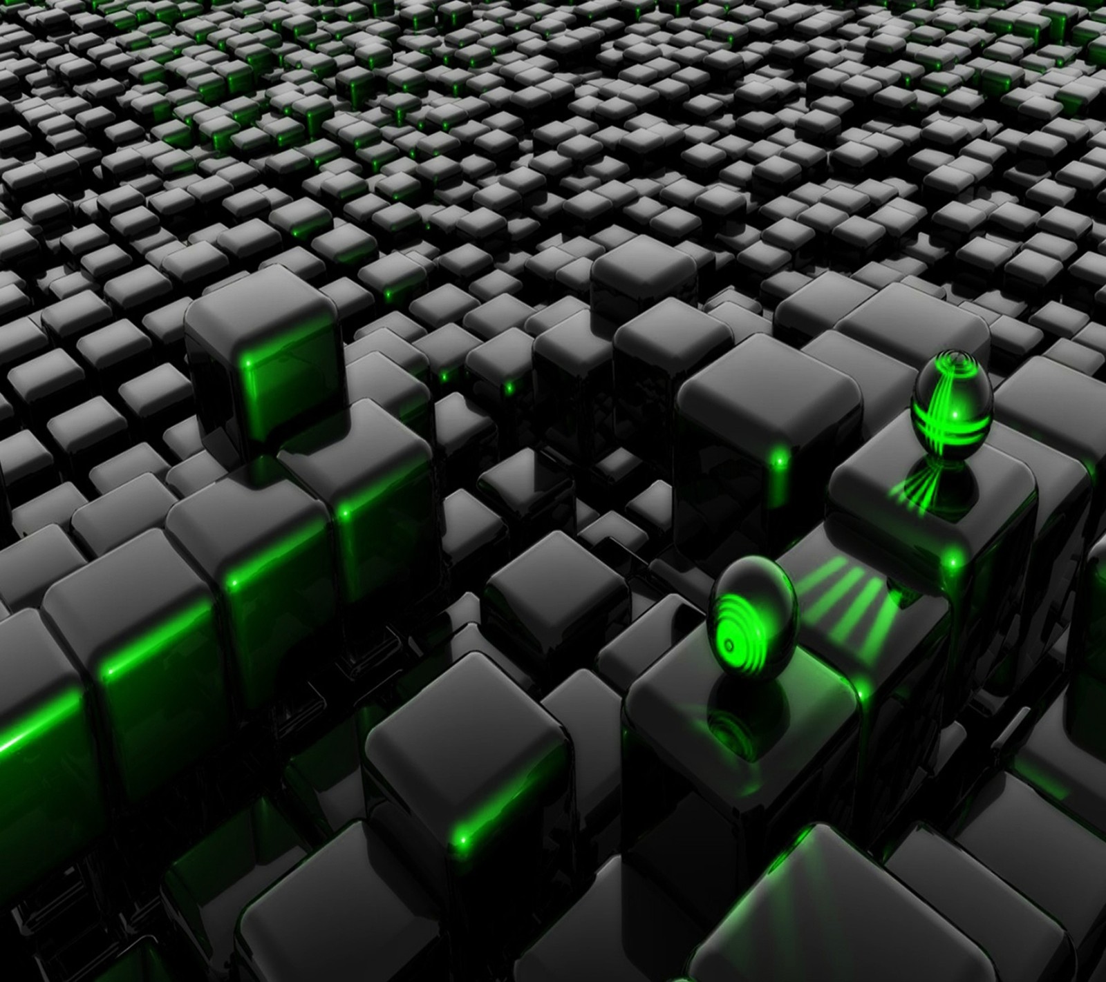 A close up of a bunch of cubes with a green light (2160x1920, wallpaper)