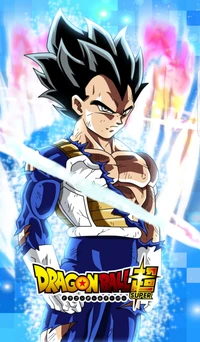 Vegeta from Dragon Ball Super, showcasing his powerful stance with vibrant energy blasts in the background.