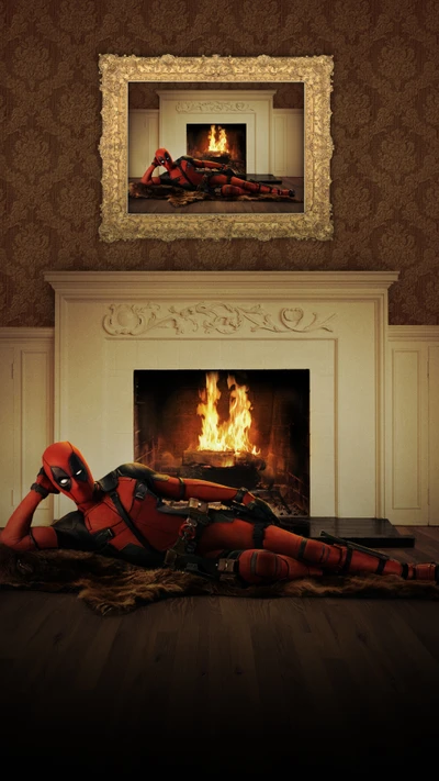 Deadpool, der am Kamin entspannt: Ein humorvolles Fantasy-Kunstwerk