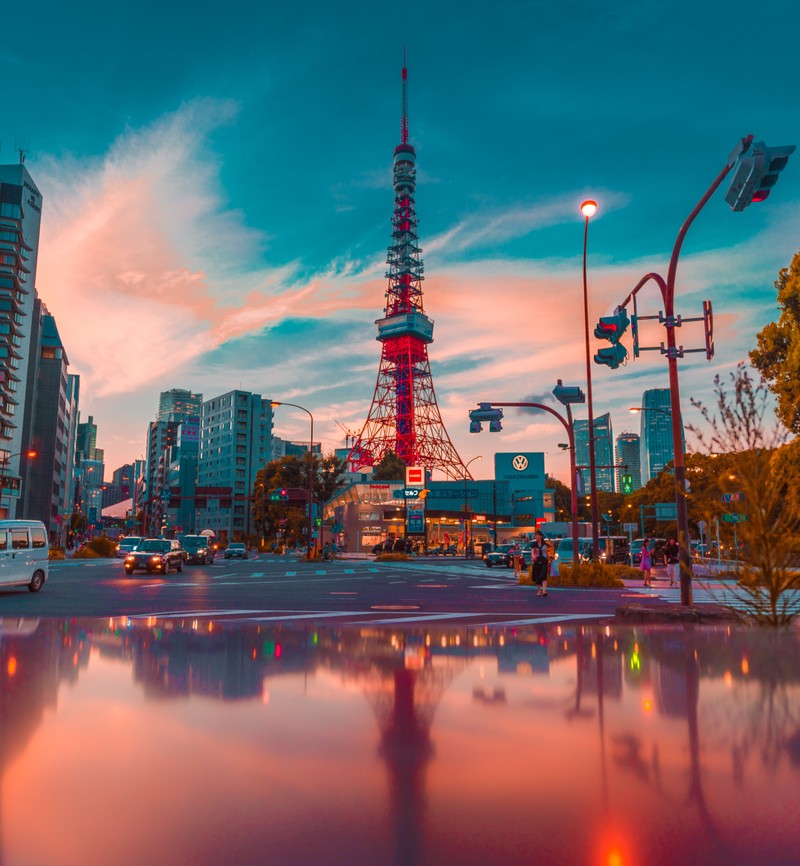 Arafed view of a city with a tower and a reflection in the water (building, city, japan, tokyo, tower)