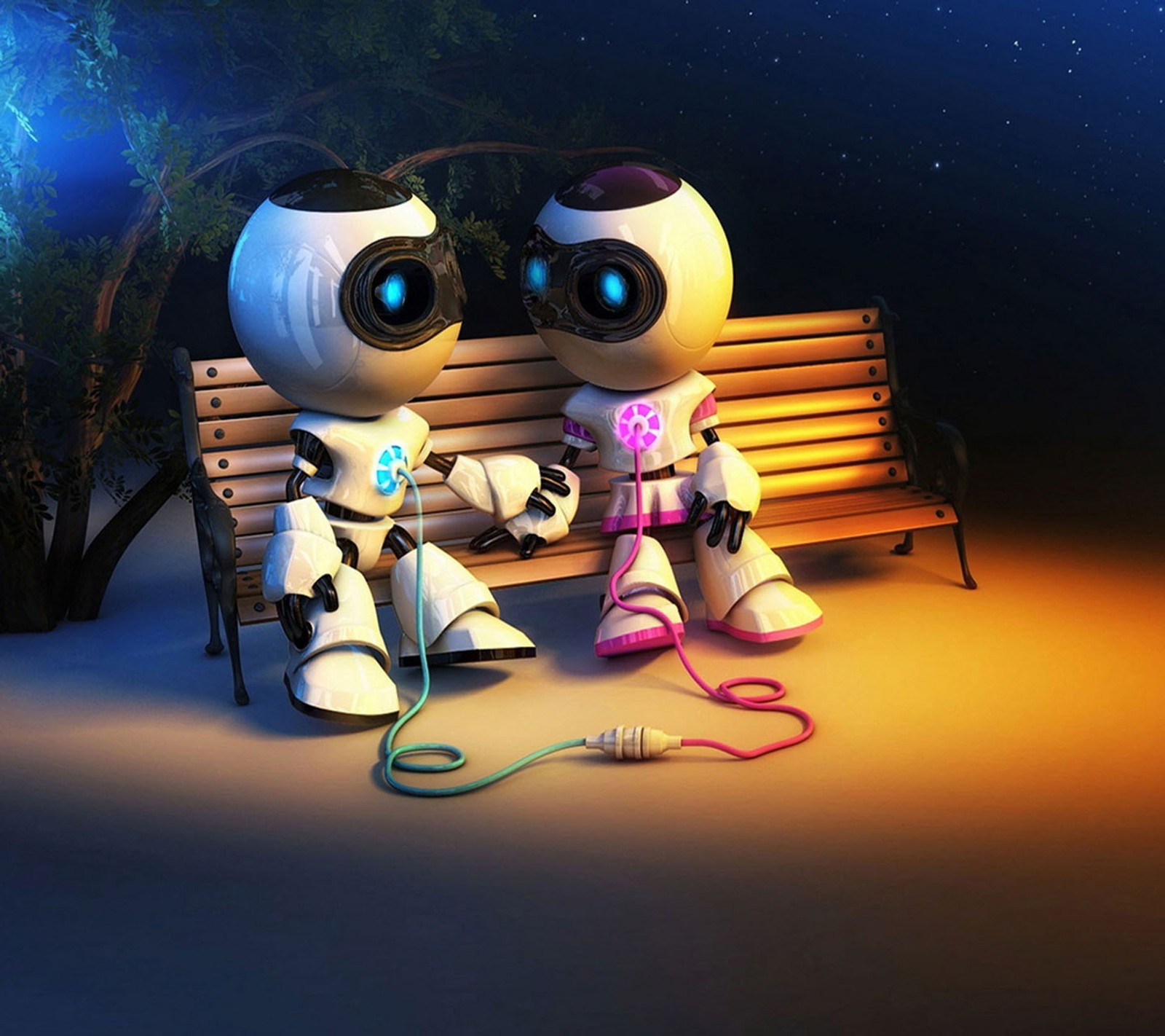 Robots sitting on a bench with a microphone and a cord (love, pair)