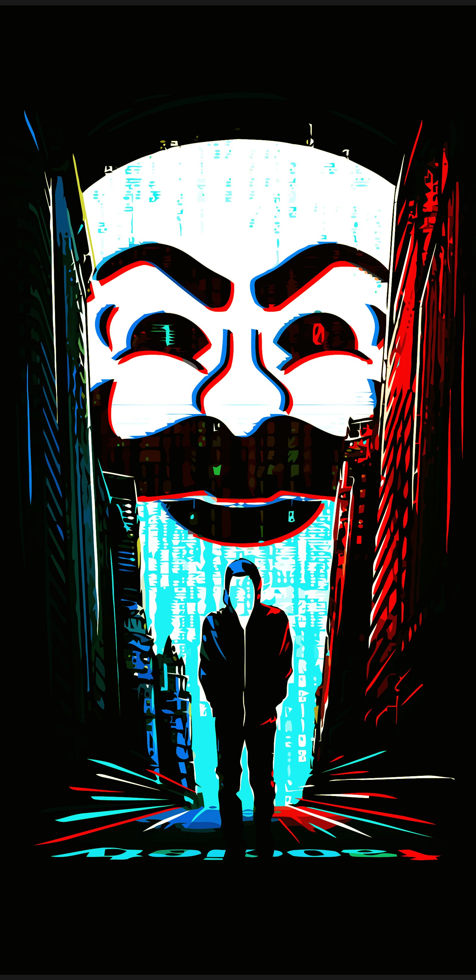 There are two people standing in a dark alley with a mask on (amoled, anon, anonymous, black, dark)