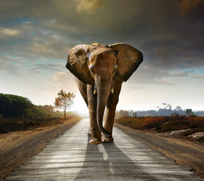 dream, elephant, road, sunset