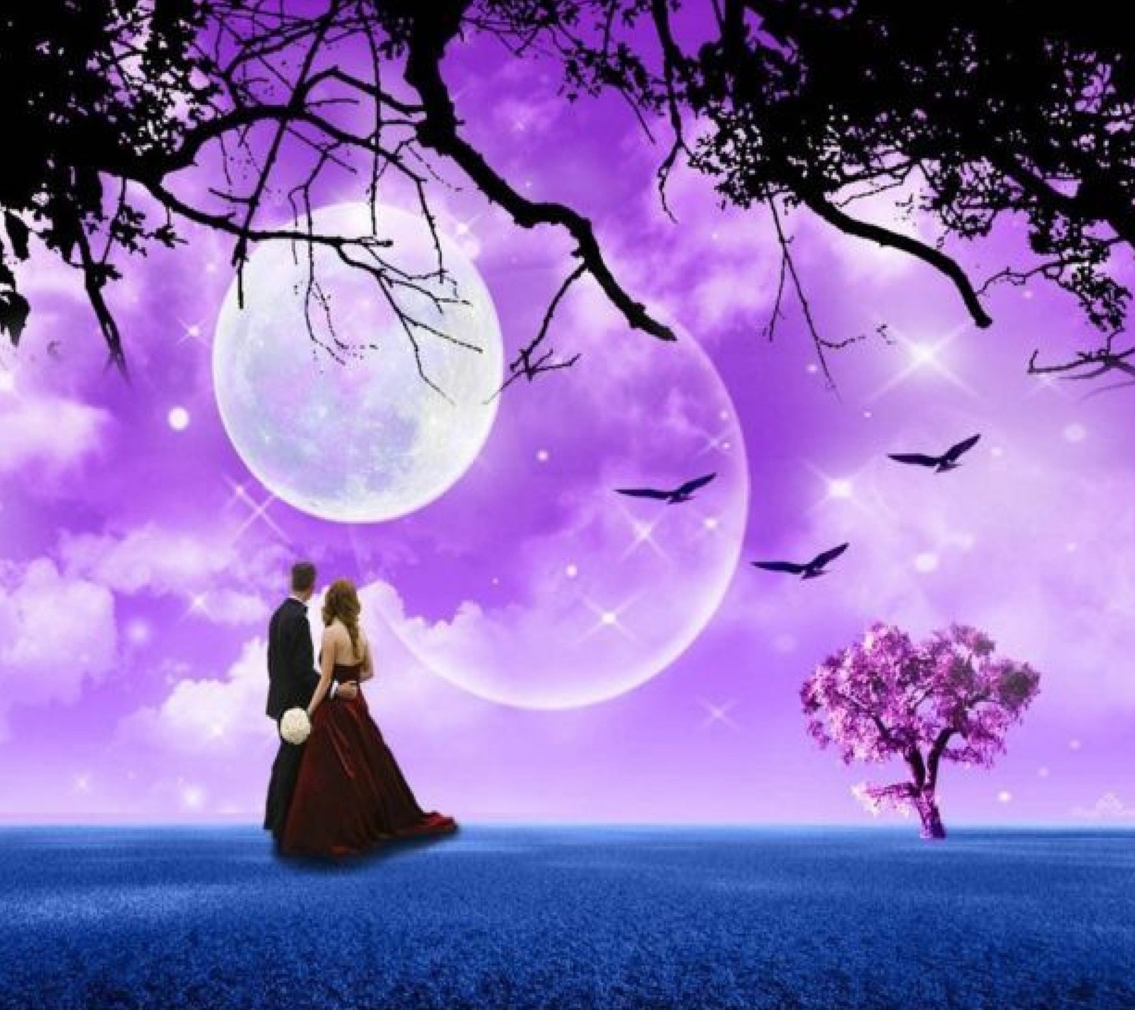 A couple standing under a tree in a field under a purple sky (couple, in love, romantic)